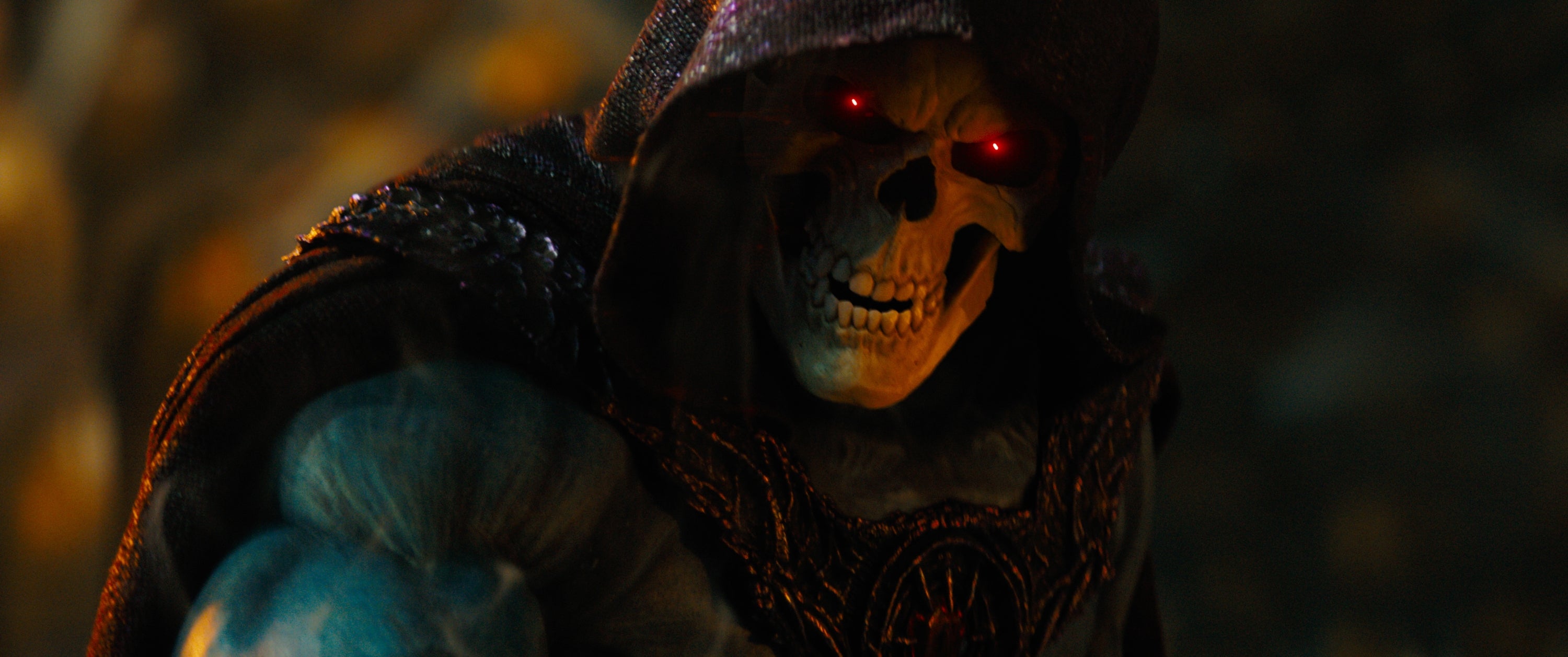 A hooded skeleton with glowing reddish  eyes is depicted successful  a dark, melodramatic  scene, evoking a phantasy  oregon  supernatural movie   atmosphere