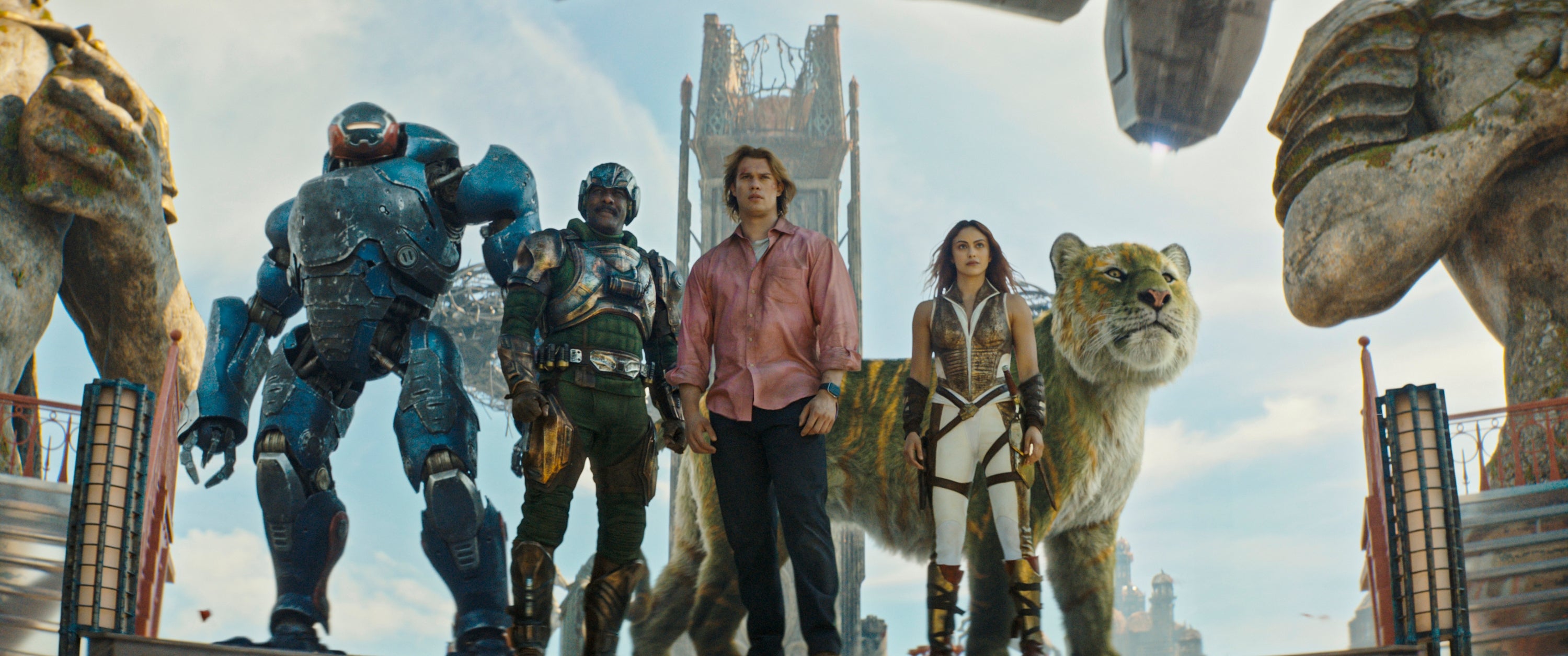 Futuristic country   with armored figures, a antheral   successful  casual clothing, a woman, and a ample  feline, acceptable   against a backdrop of sci-fi structures