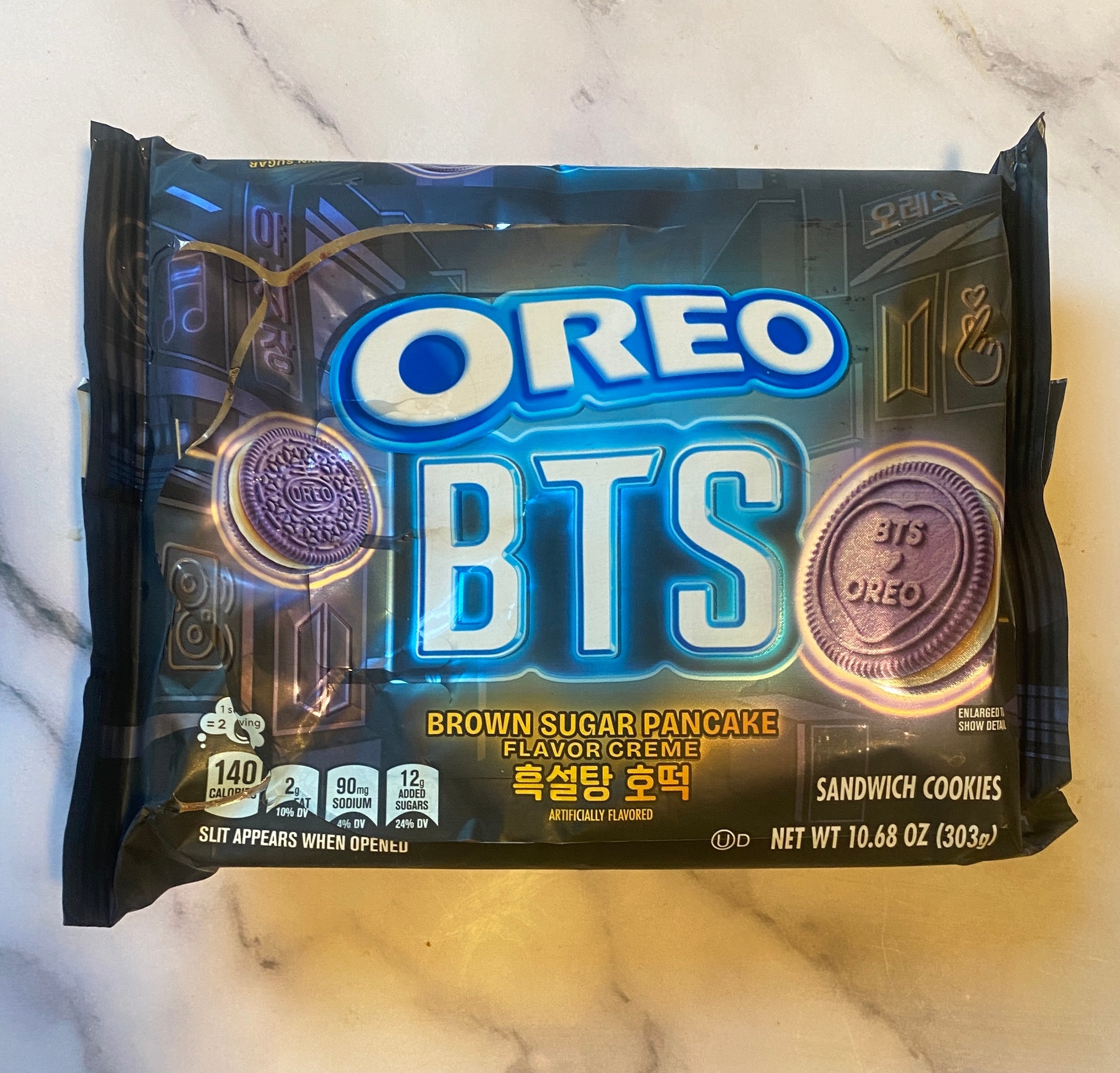 Oreo BTS limited edition pack with brown sugar pancake flavor creme and Korean text on the packaging