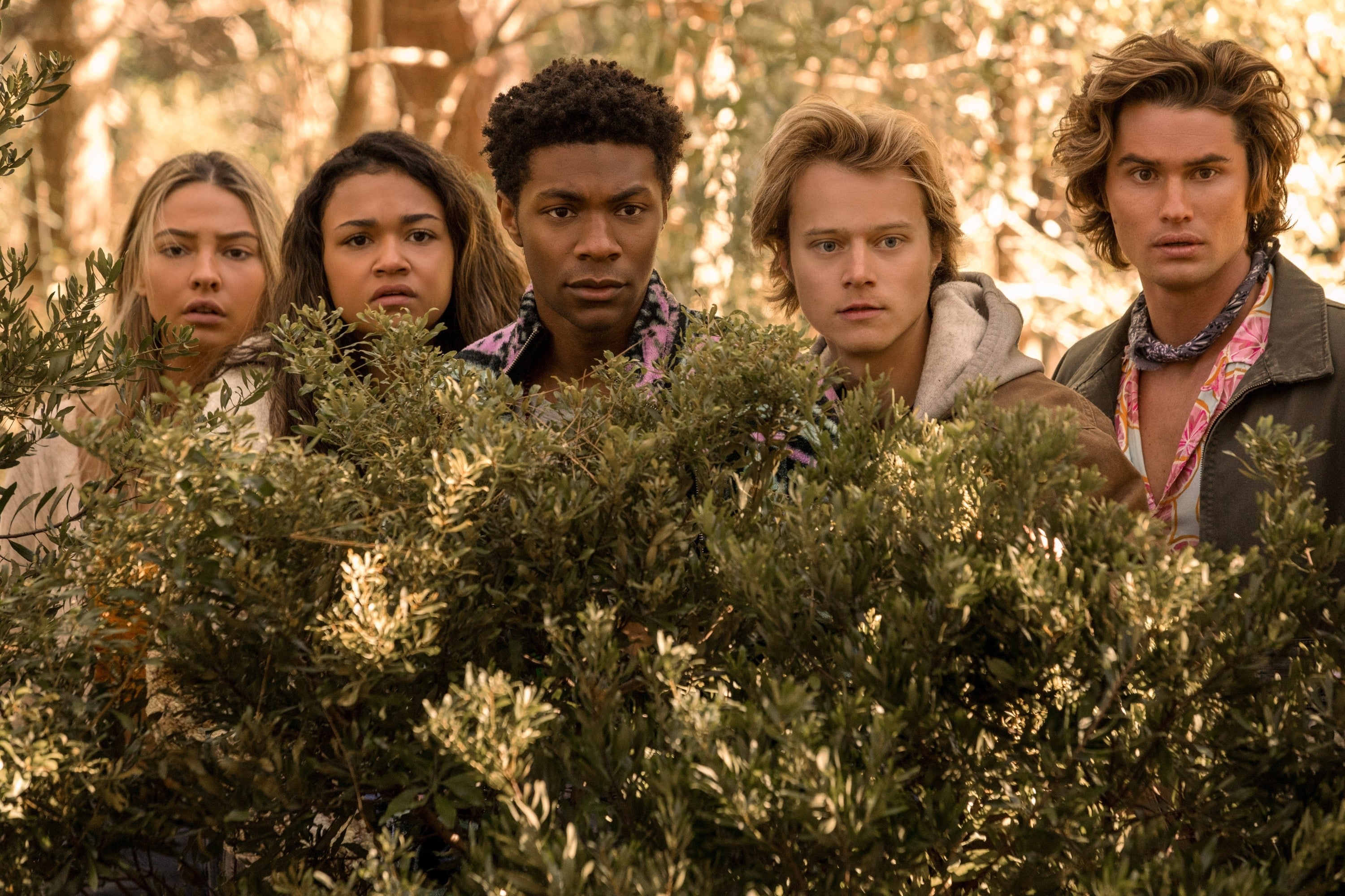 Five young adults stand behind bushes, looking surprised, in a forest setting