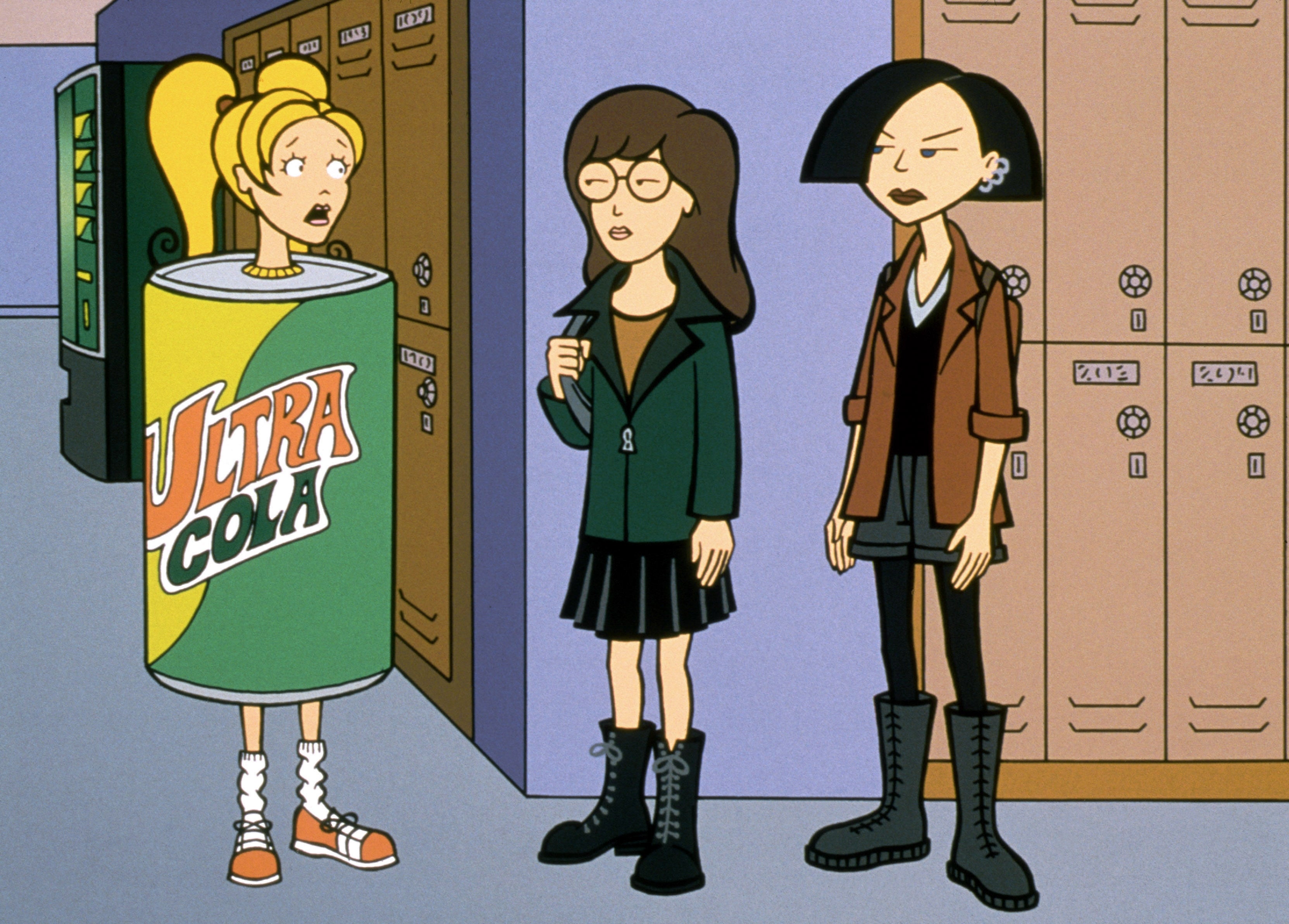Three animated characters stand in a school hallway: one in a soda can costume and two in casual, edgy outfits