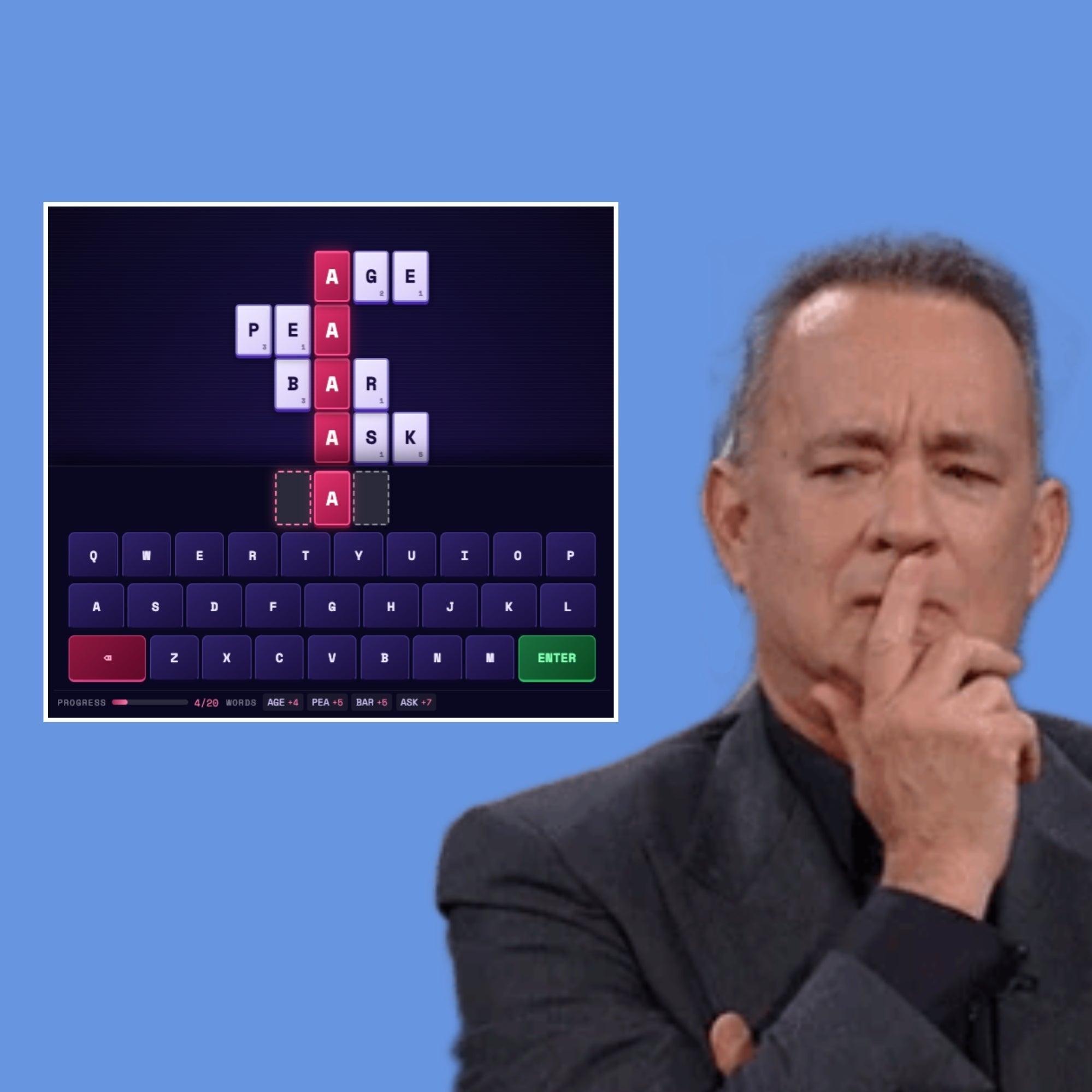 A man in a suit appears puzzled next to a word puzzle game screen showing intersecting words: age, bear, bask, and pear