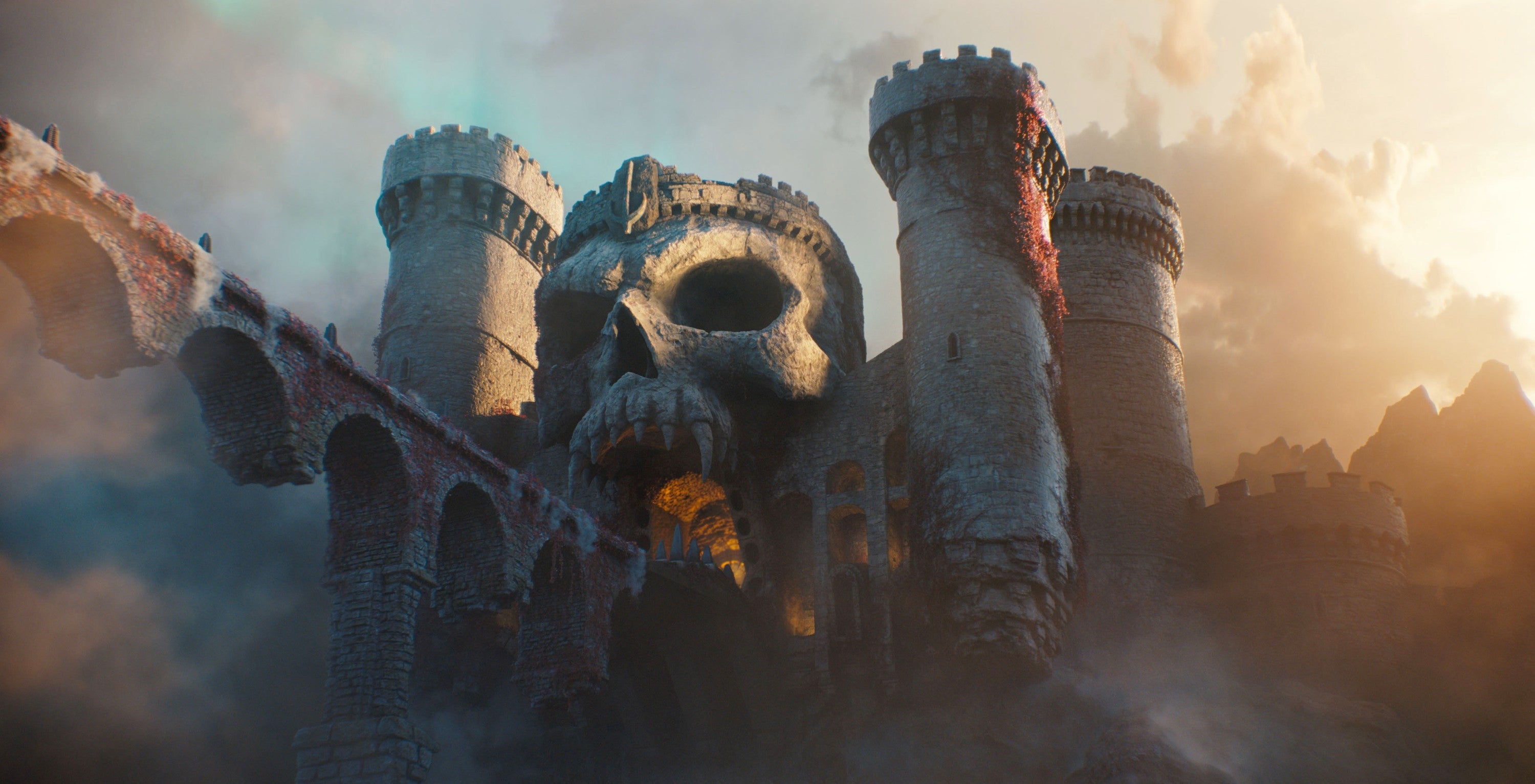 A fortress resembling a skull with towers and an arched bridge, acceptable   successful  a dramatic, misty landscape