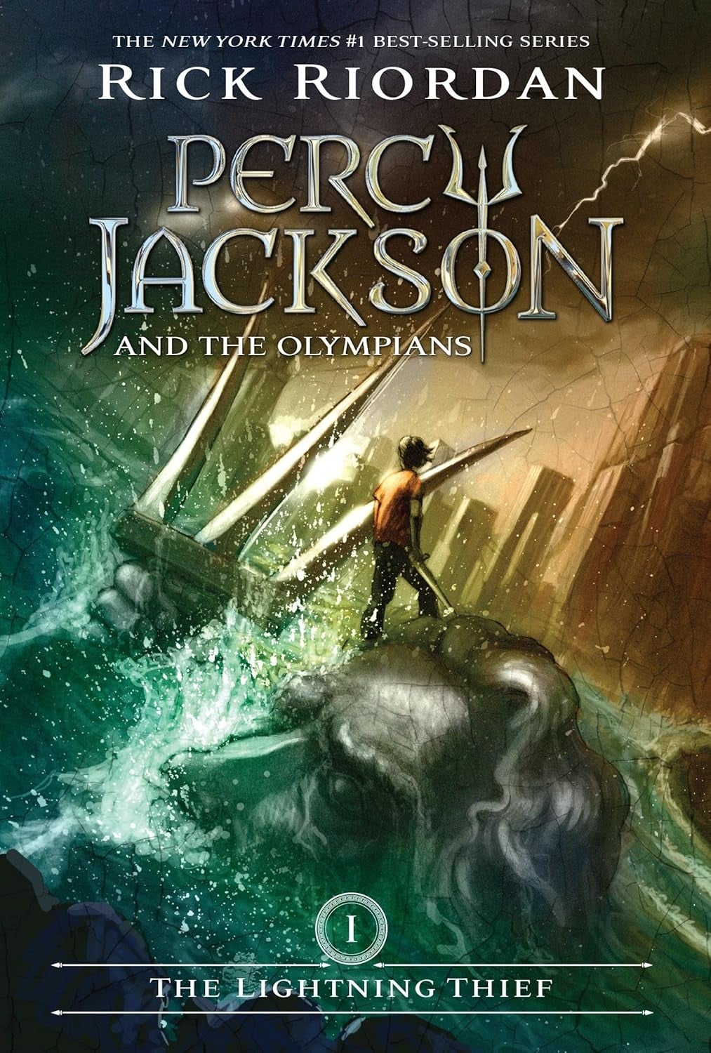 The Lightning Thief" by Rick Riordan, showing a lad with a sword facing a metropolis skyline
