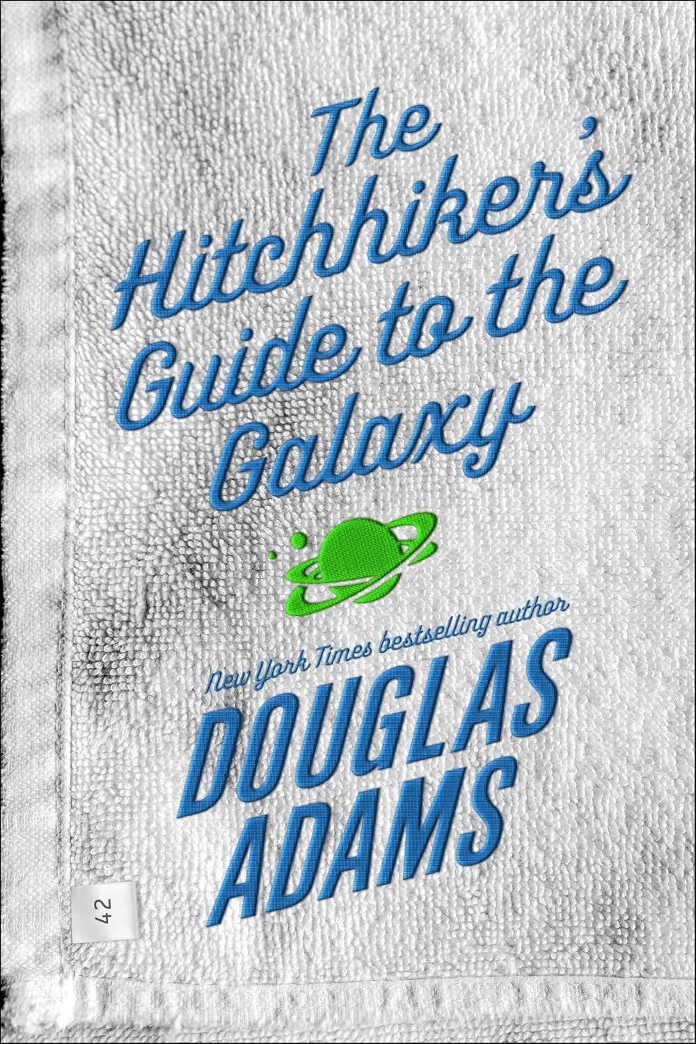 ''The Hitchhiker's Guide to the Galaxy'' publication screen by Douglas Adams, featuring a stylized satellite and textured background