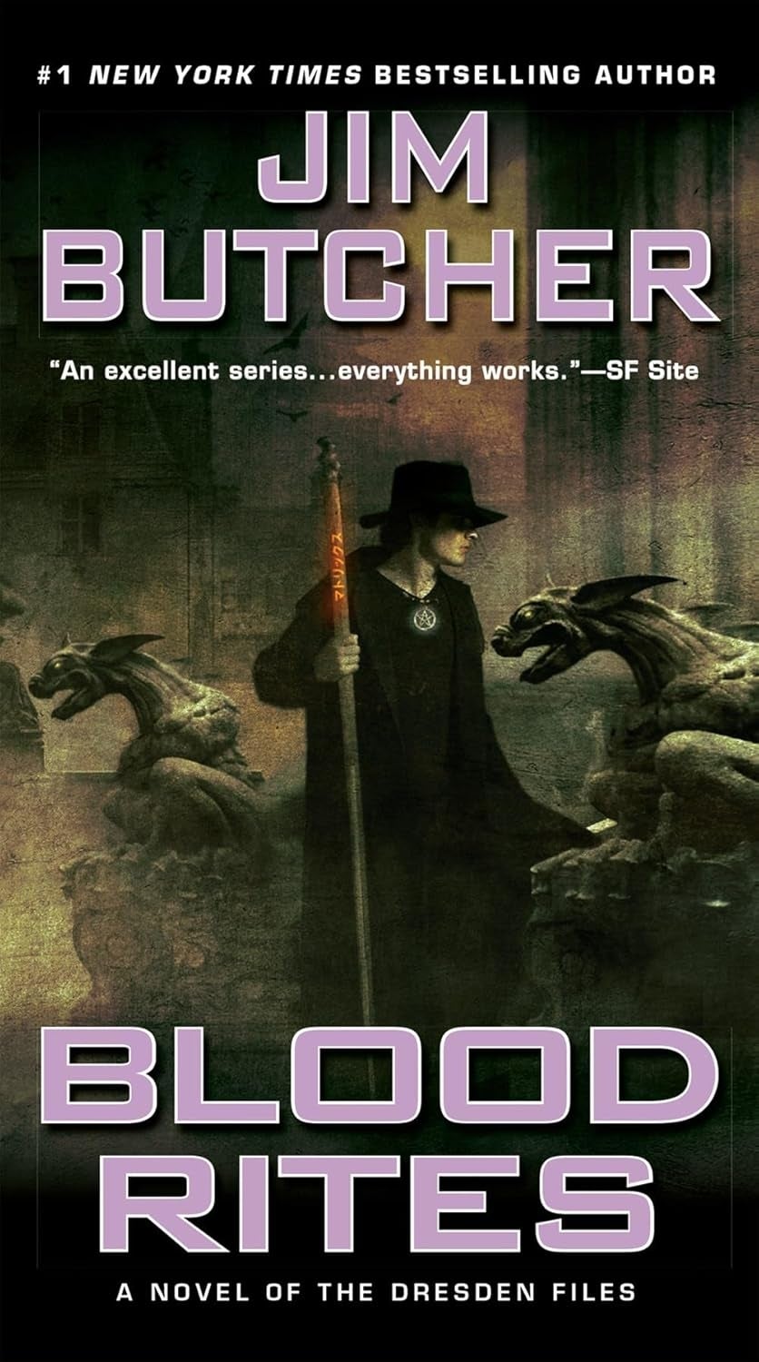 Cover of "Blood Rites" by Jim Butcher. A fig successful a acheronian overgarment and chapeau stands betwixt 2 chromatic gargoyles. Text quotes praise the series