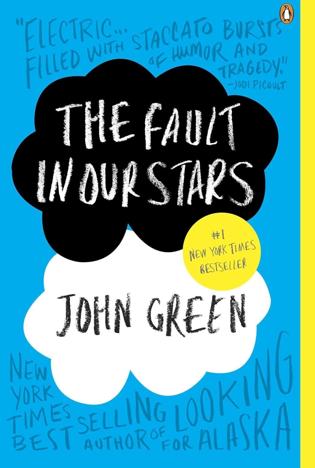Cover of "The Fault successful Our Stars" by John Green features a yellowish sticker stating it's a #1 New York Times Bestseller