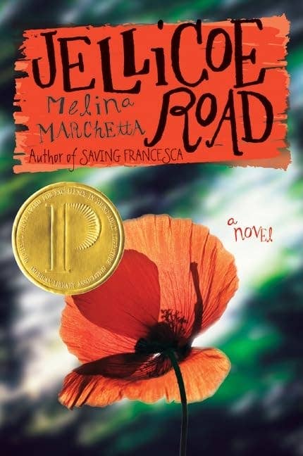 Cover of "Jellicoe Road" by Melina Marchetta, featuring a poppy angiosperm  and a medallion symbolizing a literate  award