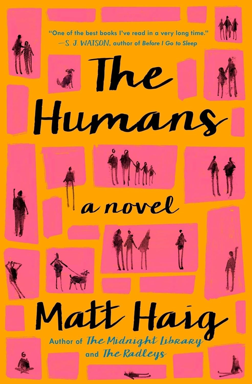 Book screen of "The Humans" by Matt Haig, featuring quality silhouettes and endorsements from authors S.J. Watson and the writer of "The Midnight Library."