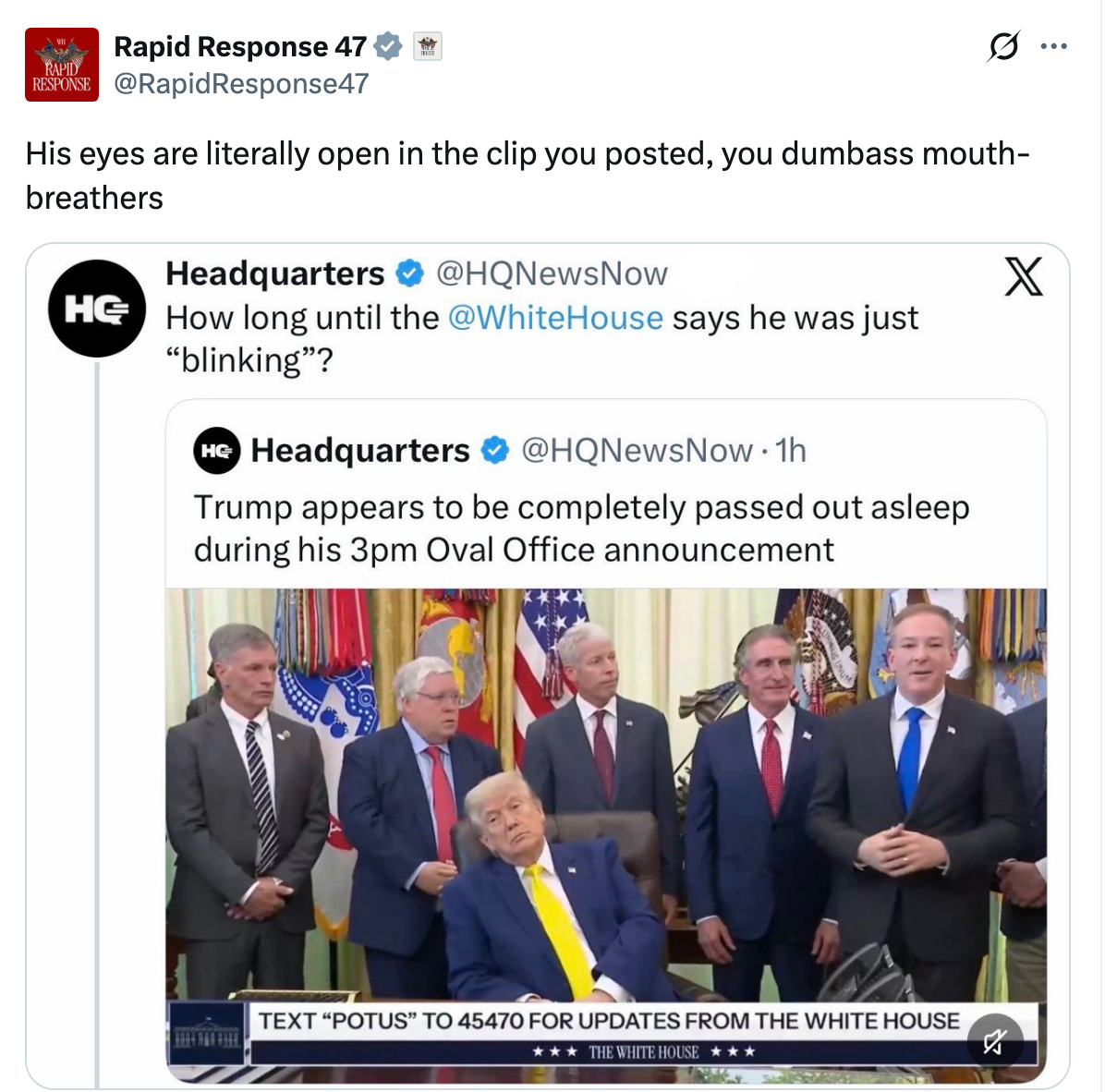 Pertukaran Twitter menunjukkan gambar meme Trump yang tampaknya tertidur selama acara di Ruang Oval, dengan komentar bercanda yang mempertanyakan kewaspadaannya