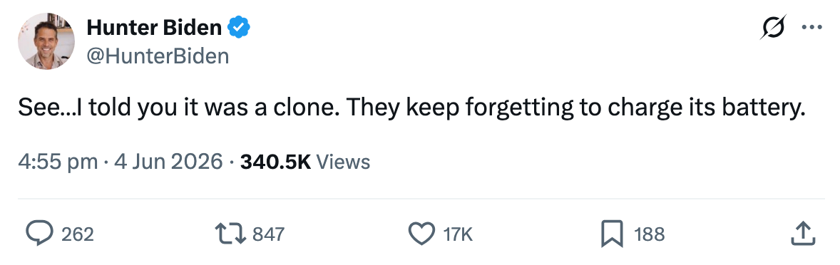 Tweet bercanda tentang baterai klon, diduga diposting oleh Hunter Biden pada 4 Juni 2026