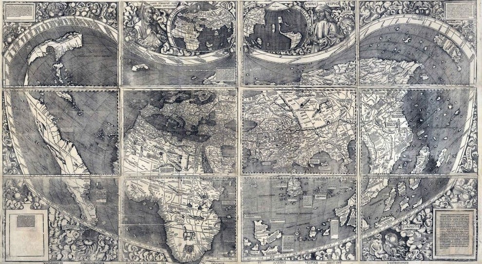 Ancient world map with detailed geographical illustrations and Latin text, likely from the Renaissance period, depicting continents and seas