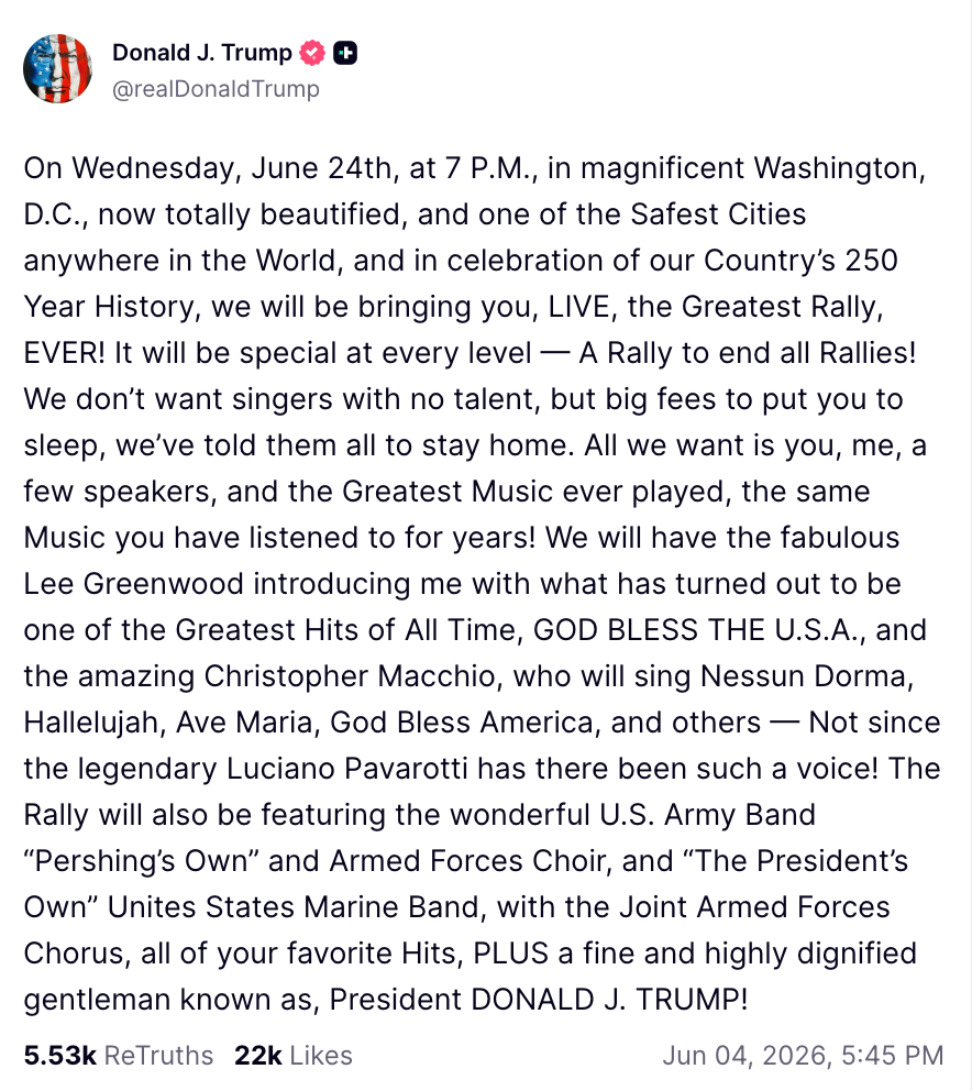 A connection   astir  a rally connected  June 24th successful  Washington, D.C., featuring speakers and music, including Lee Greenwood and Christopher Macchio. Written by Donald J. Trump
