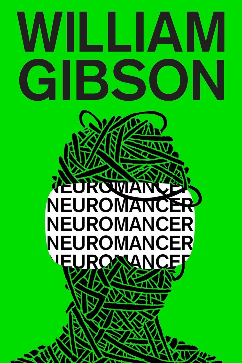 Cover of "Neuromancer" by William Gibson. Features rubric substance implicit a caput silhouette made of circuitry, connected a greenish background