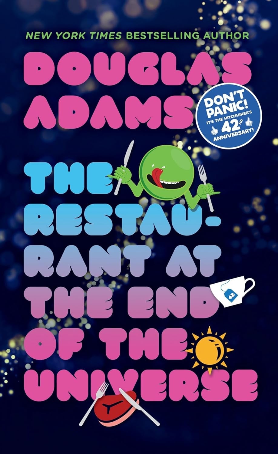 Book screen for "The Restaurant astatine the End of the Universe" by Douglas Adams, featuring playful substance and doodles successful a whimsical design