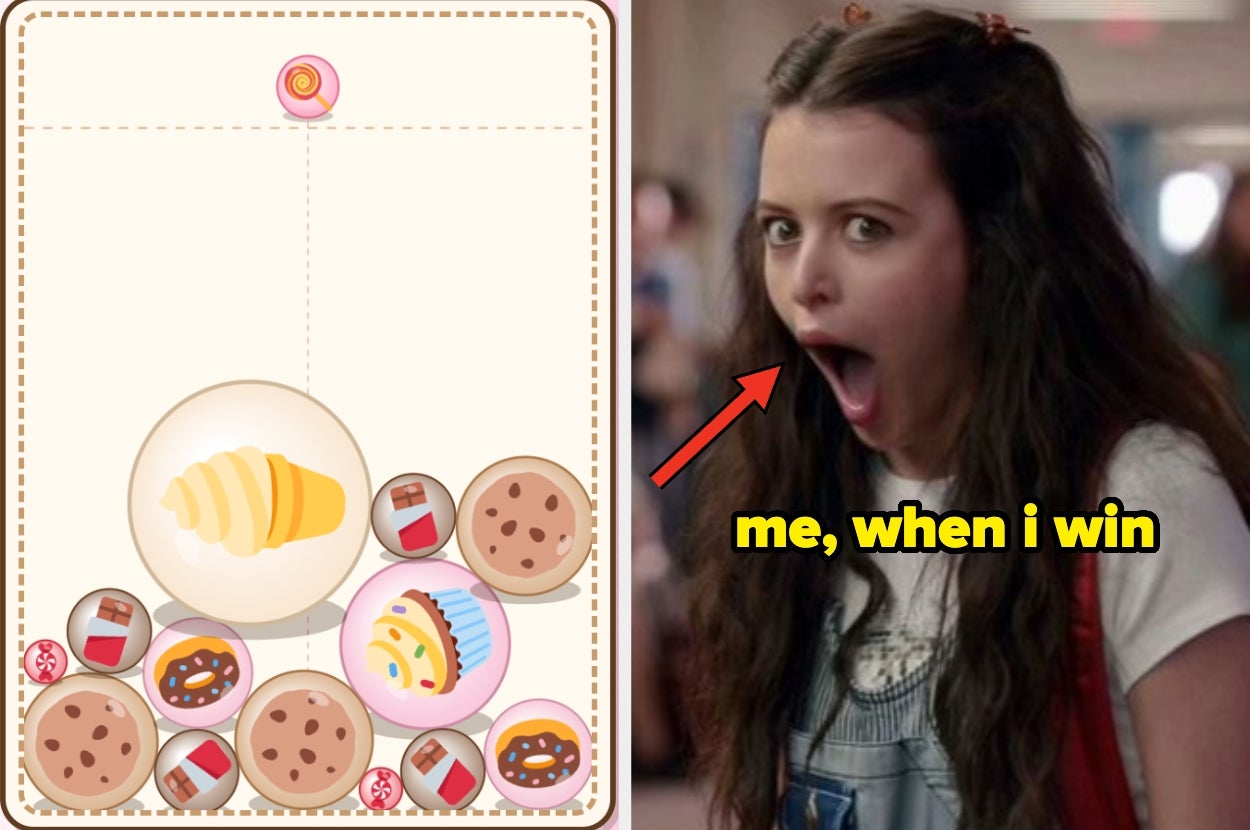 A phone game interface with pastries on the left; on the right, a surprised person with text "me, when I win" and a red arrow pointing at them