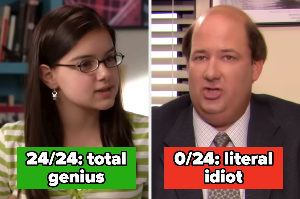 Split image: Left shows a young woman with glasses labeled "24/24: total genius." Right shows a man labeled "0/24: literal idiot."