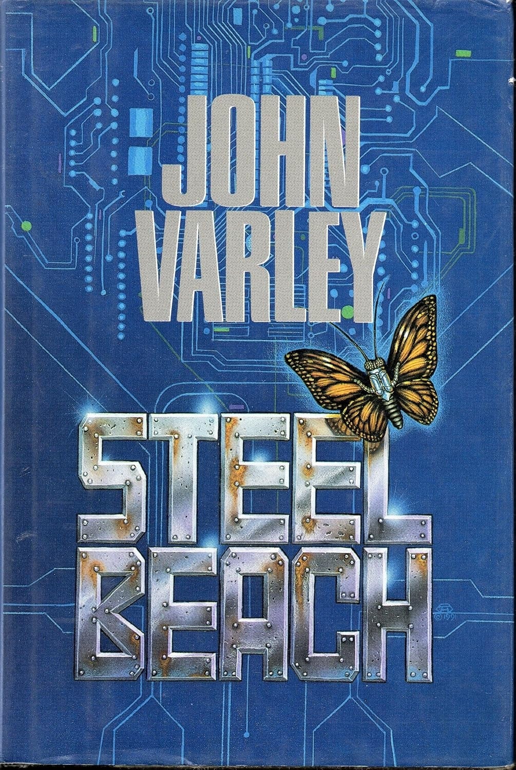 Cover of "Steel Beach" by John Varley, featuring a butterfly implicit metallic substance and a circuit committee background