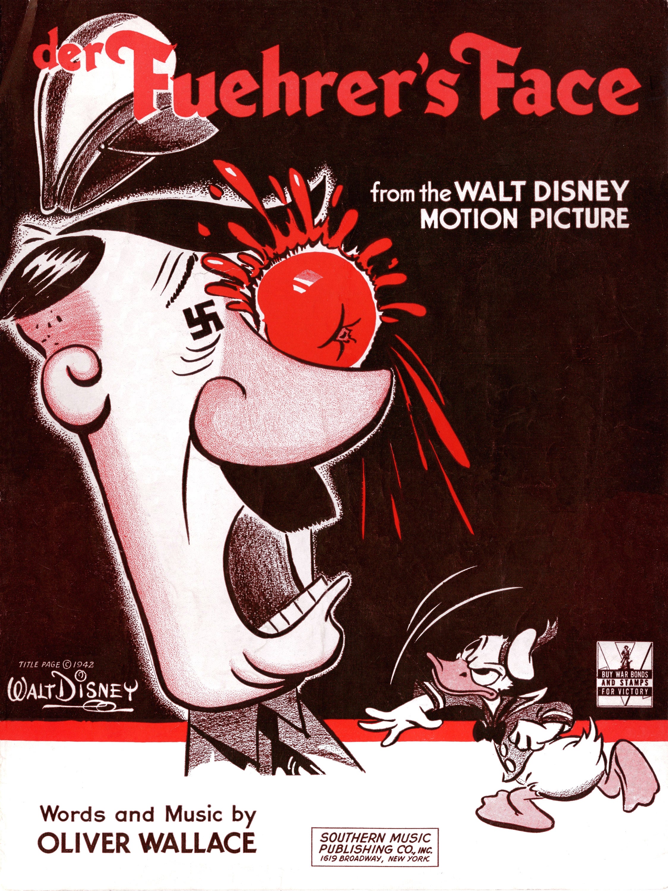 Cover creation for "Der Fuehrer's Face" expanse music, featuring a caricatured look with a herb splat and Donald Duck, from Walt Disney. Words by Oliver Wallace