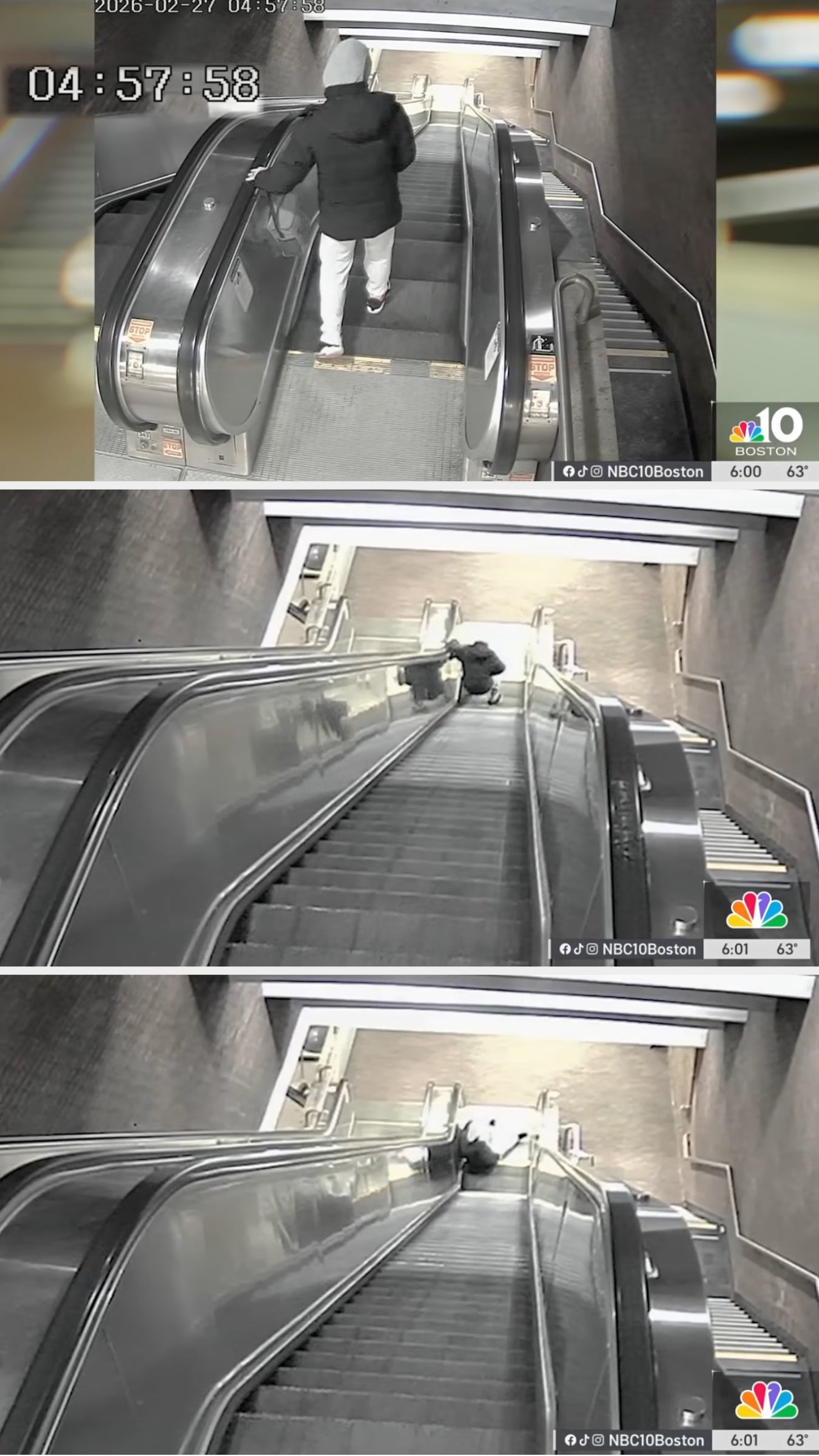 A idiosyncratic successful a overgarment walking backwards up a promenade escalator successful an bare indoor space. Time is shown connected information footage
