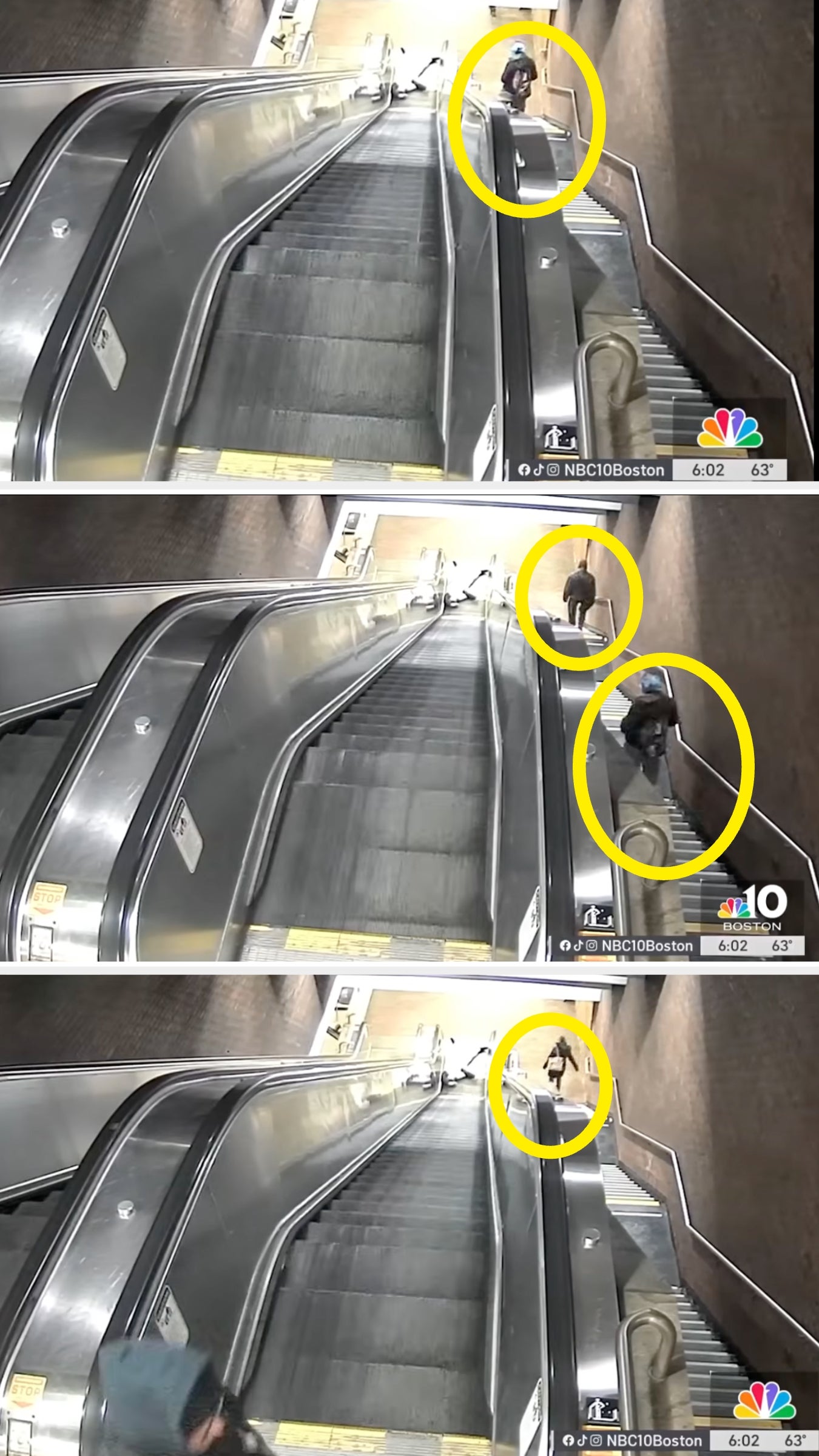 Security footage shows a idiosyncratic falling down an escalator and different attempting to help