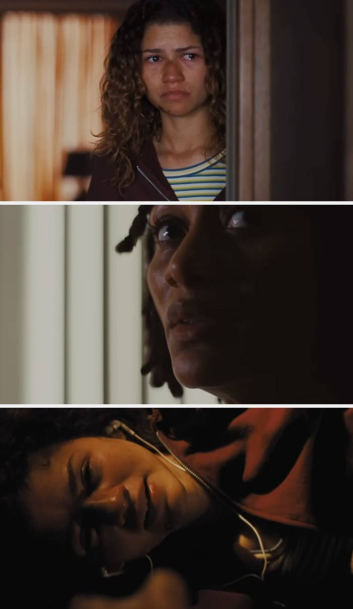 Rue looking emotionally at her mother and another scene showing a dying Rue reaching above her