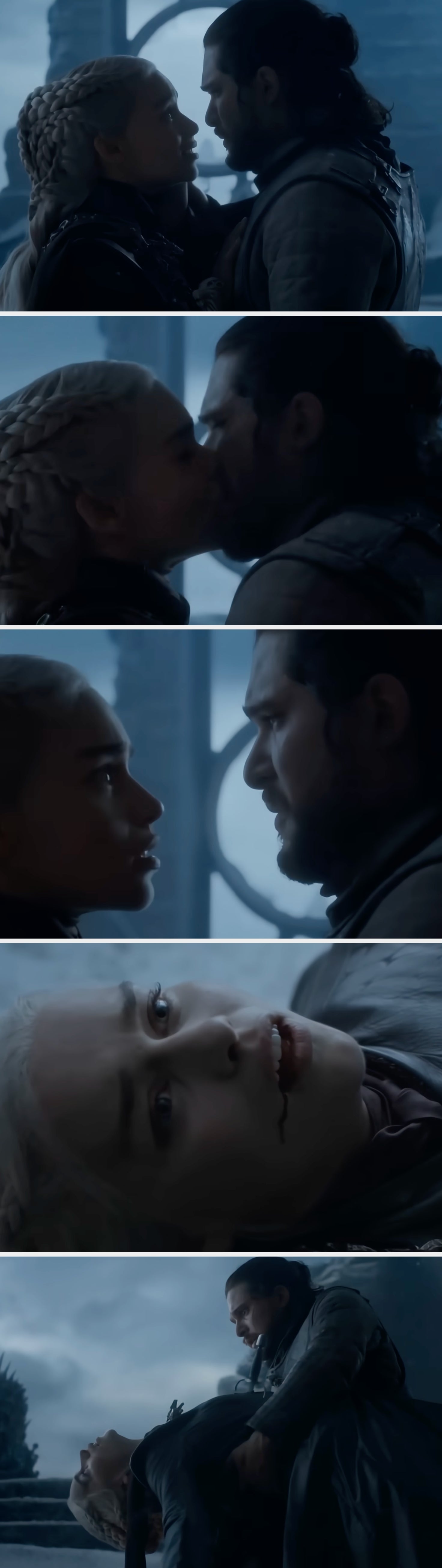 Shots from Game of Thrones showing Daenerys and Jon Snow embracing and kissing, Daenerys looking at Jon Snow in shock, Daenerys with blood coming out of her mouth, and Jon Snow holding a dying Daenerys