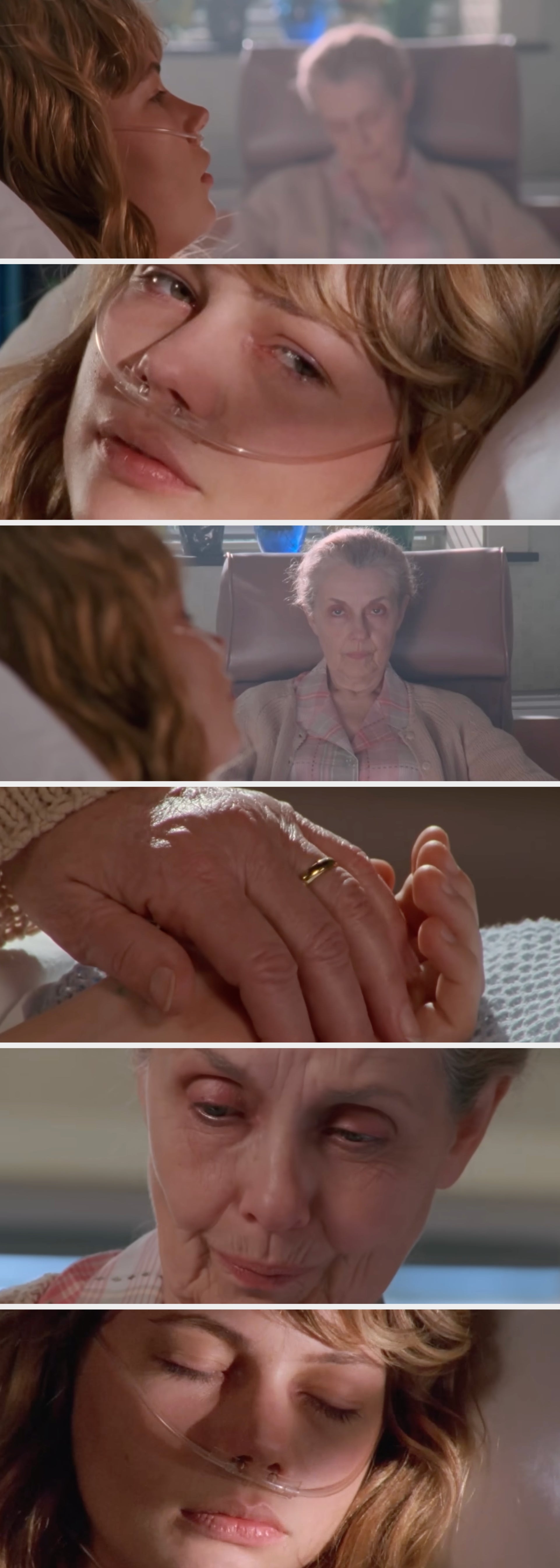 Scenes showing Jen in a hospital bed looking at her sleeping grandmother sitting nearby, and her grandmother waking and discovering Jen has died