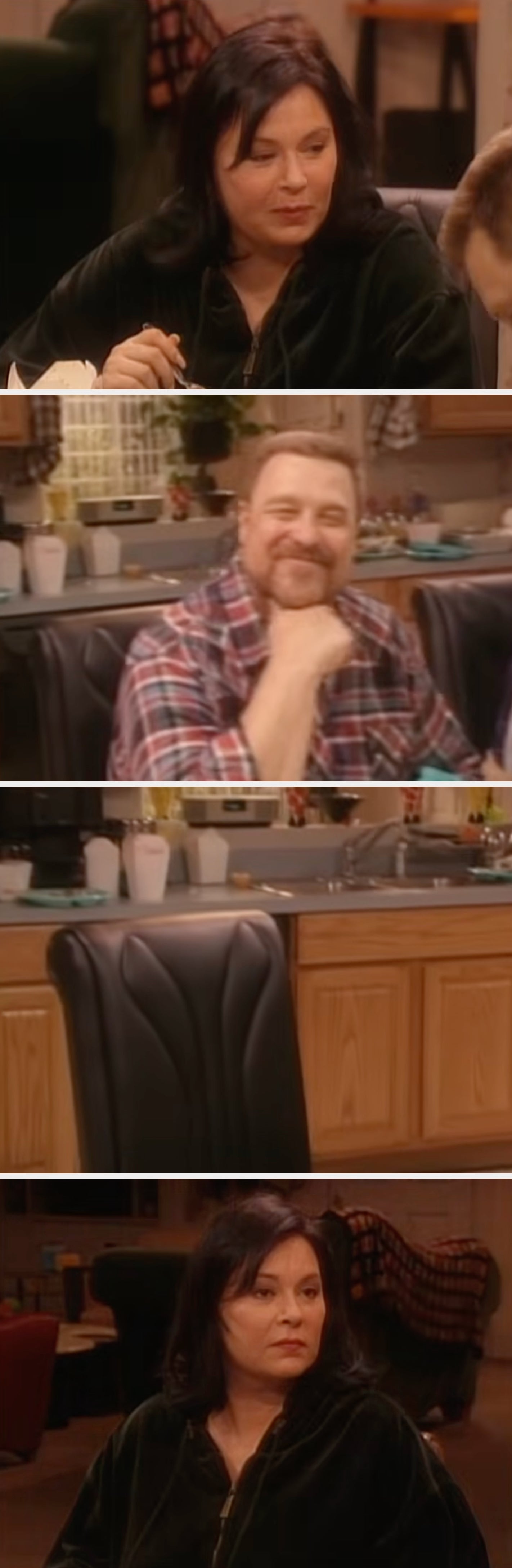 Roseanne looking at Dan in her kitchen followed by a shot of Dan's empty chair and Roseanne looking sad