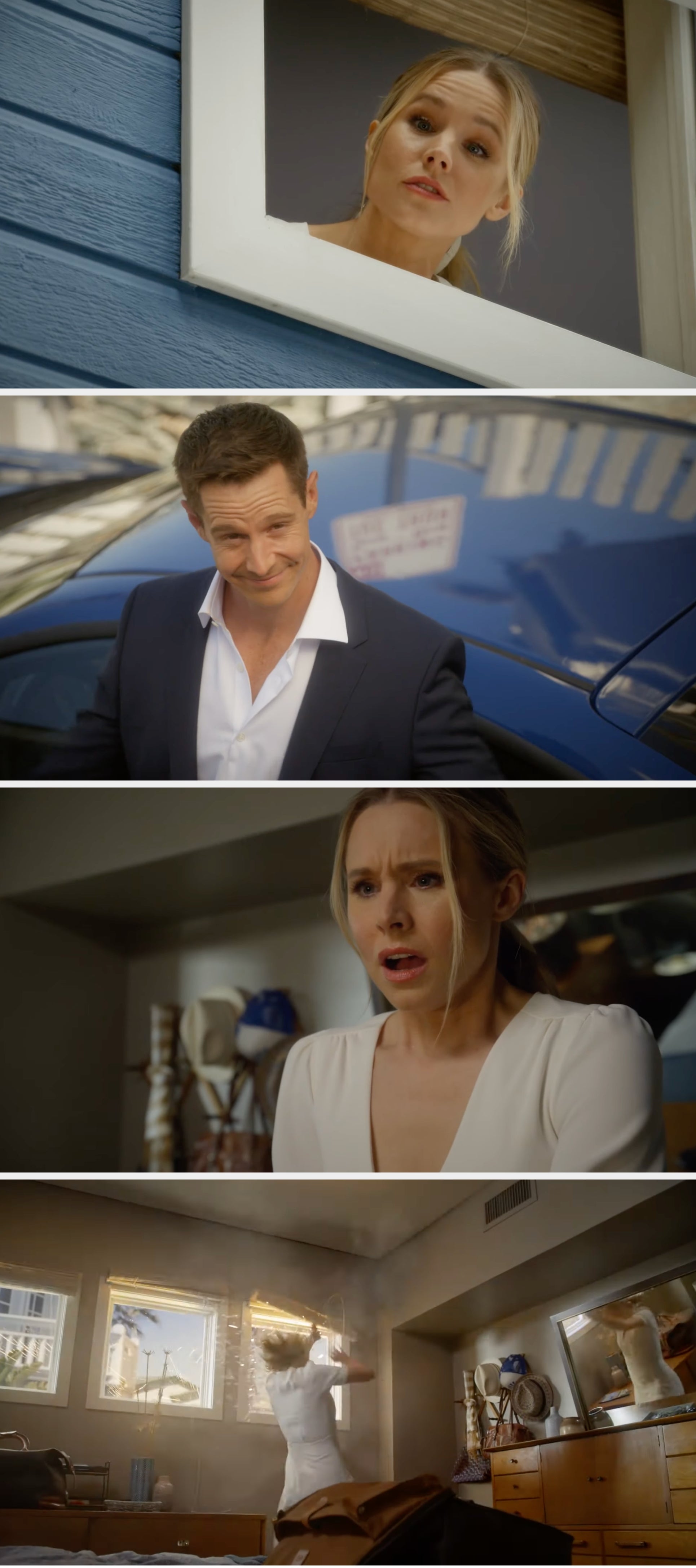 Veronica looking out a window at Logan in the street in front of a car; Veronica inside looking shocked; Veronica being knocked backwards by a blast outside that smashes the window