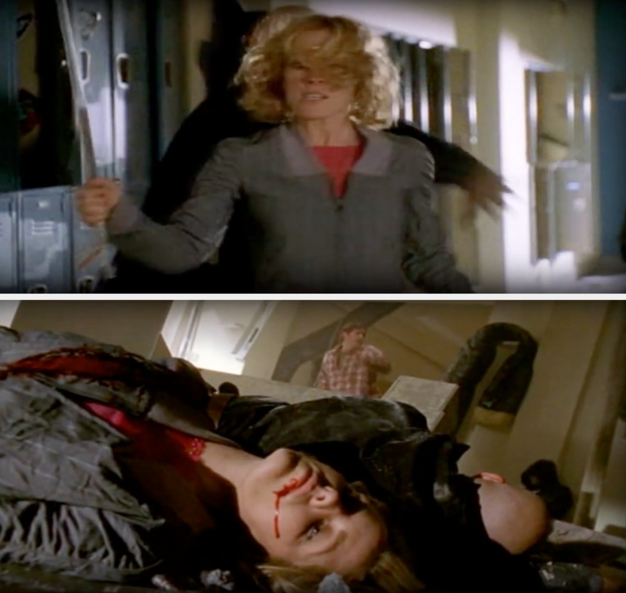 Two images showing Anya being killed with a sword from behind and her body lying on the floor with blood dripping from her mouth