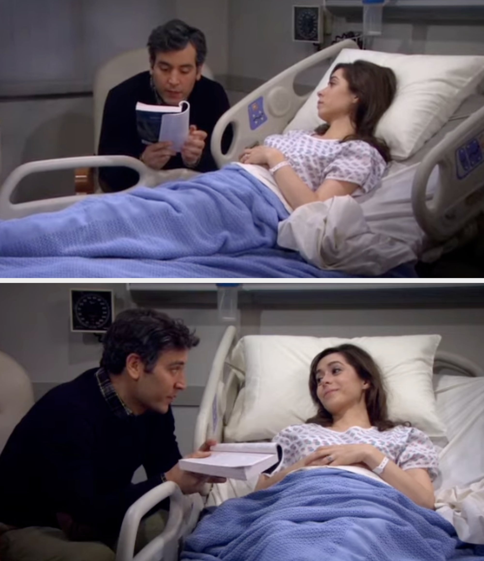 Ted reads to Tracy as she lies in a hospital bed