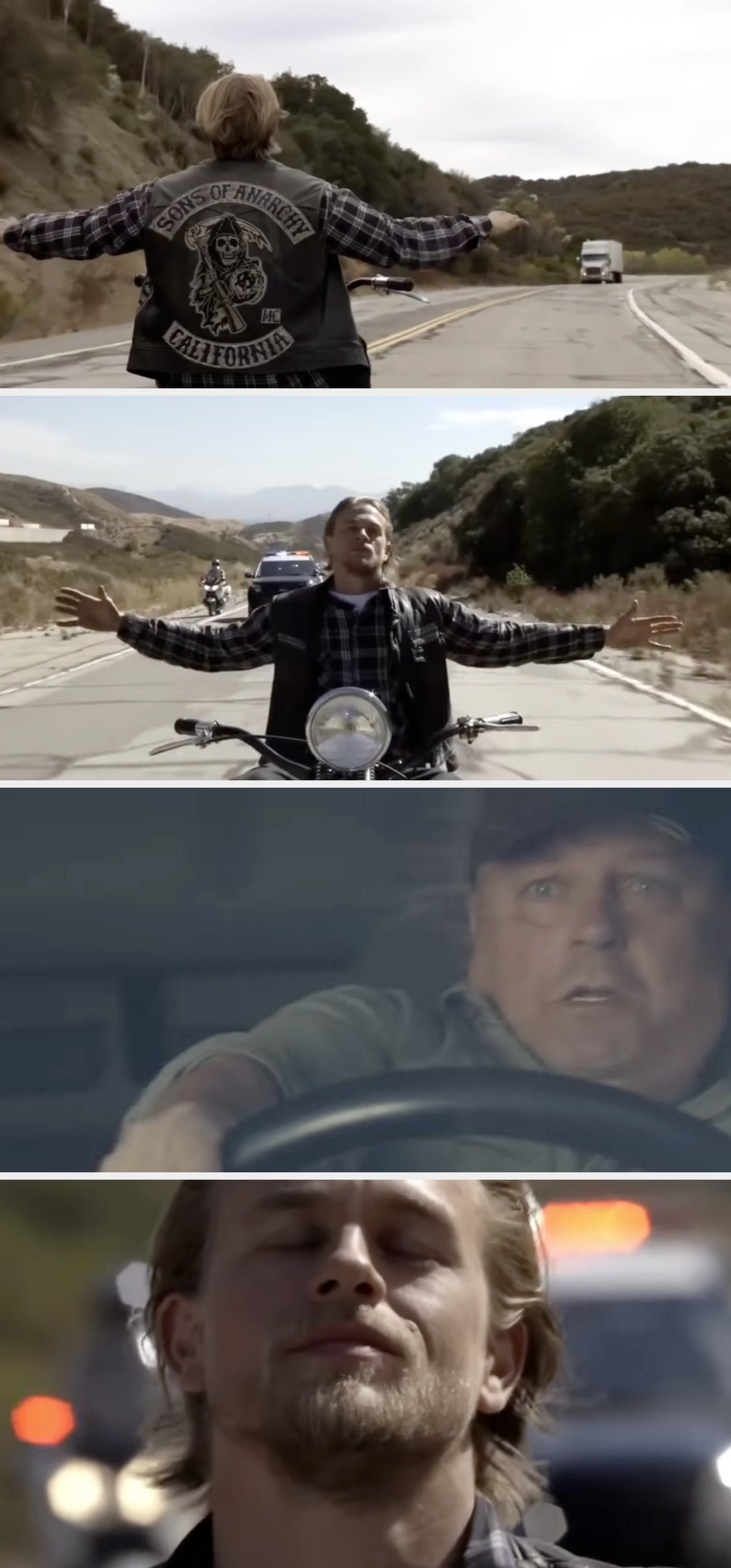 Series of scenes from Sons of Anarchy featuring a Jax riding a motorcycle on an open road, arms outstretched, into an oncoming truck, with the truck driver grabbing his steering wheel in shock and horror