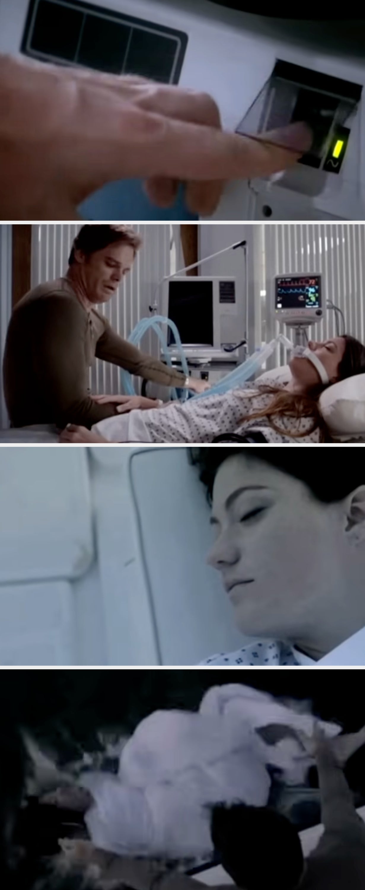 Dexter's finger is pressing a button or screen on a device; He looks down at Deb hooked up to the machine; close-up of Deb's dead body; Dexter dropping her body into the ocean, wrapped in white fabric