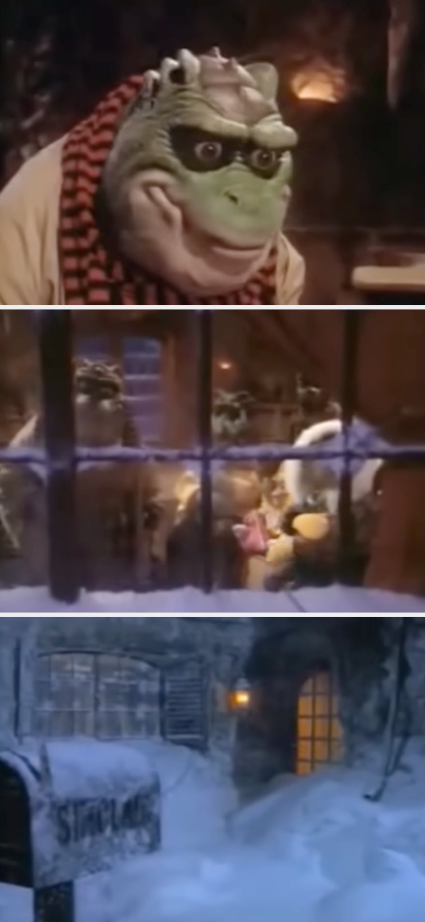 A dinosaur in a cozy scarf looks through a window in a snowy scene, with others visible inside a warmly lit cabin