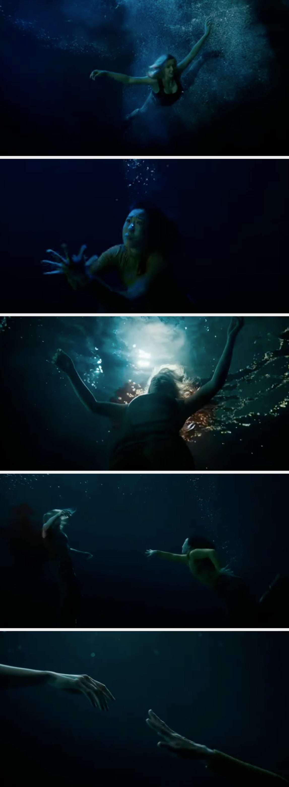 A sequence of images showing Eve and Villanelle underwater, Eve reaching out with an expressive gesture as Villanelle dies with blood surrounding her