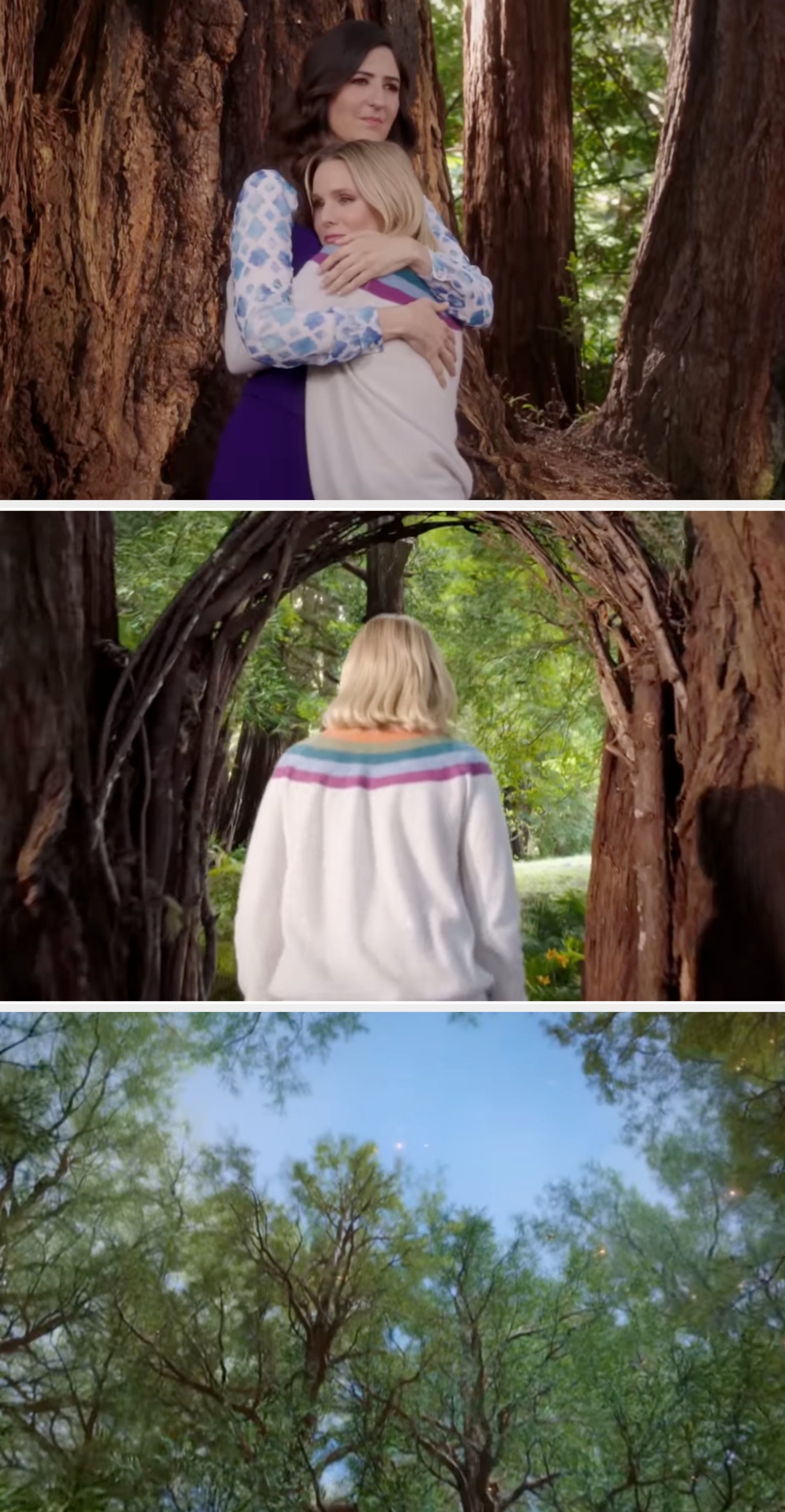Eleanor and Janet hugging under trees, Eleanor walking through a tree arch, and a view of a bright, leafy canopy above