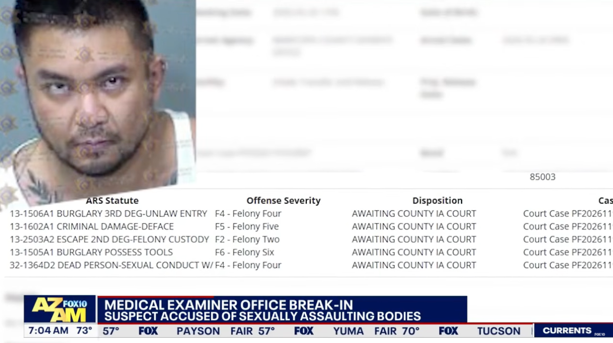 News representation showing a suspect's details, including charges similar burglary and intersexual conduct. Headline states bureau break-in and battle accusations