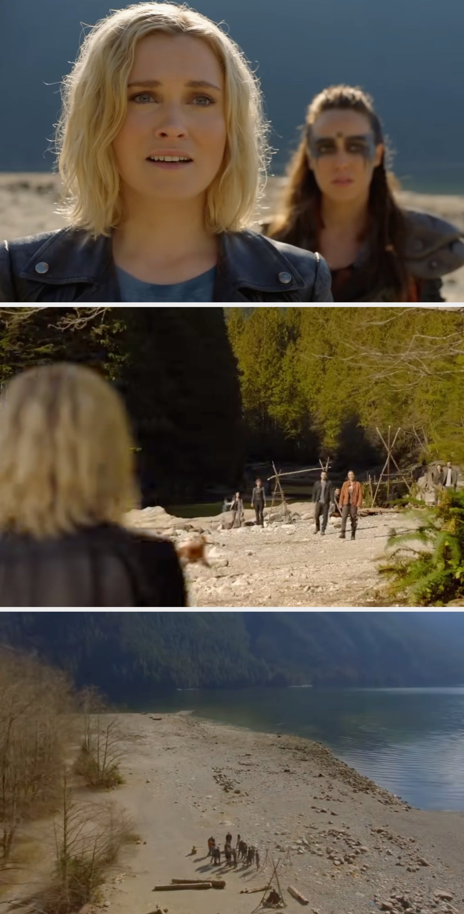 Clarke is distressed standing on a beach with Lexa behind her; a group in the distance look her way and then she joins them.