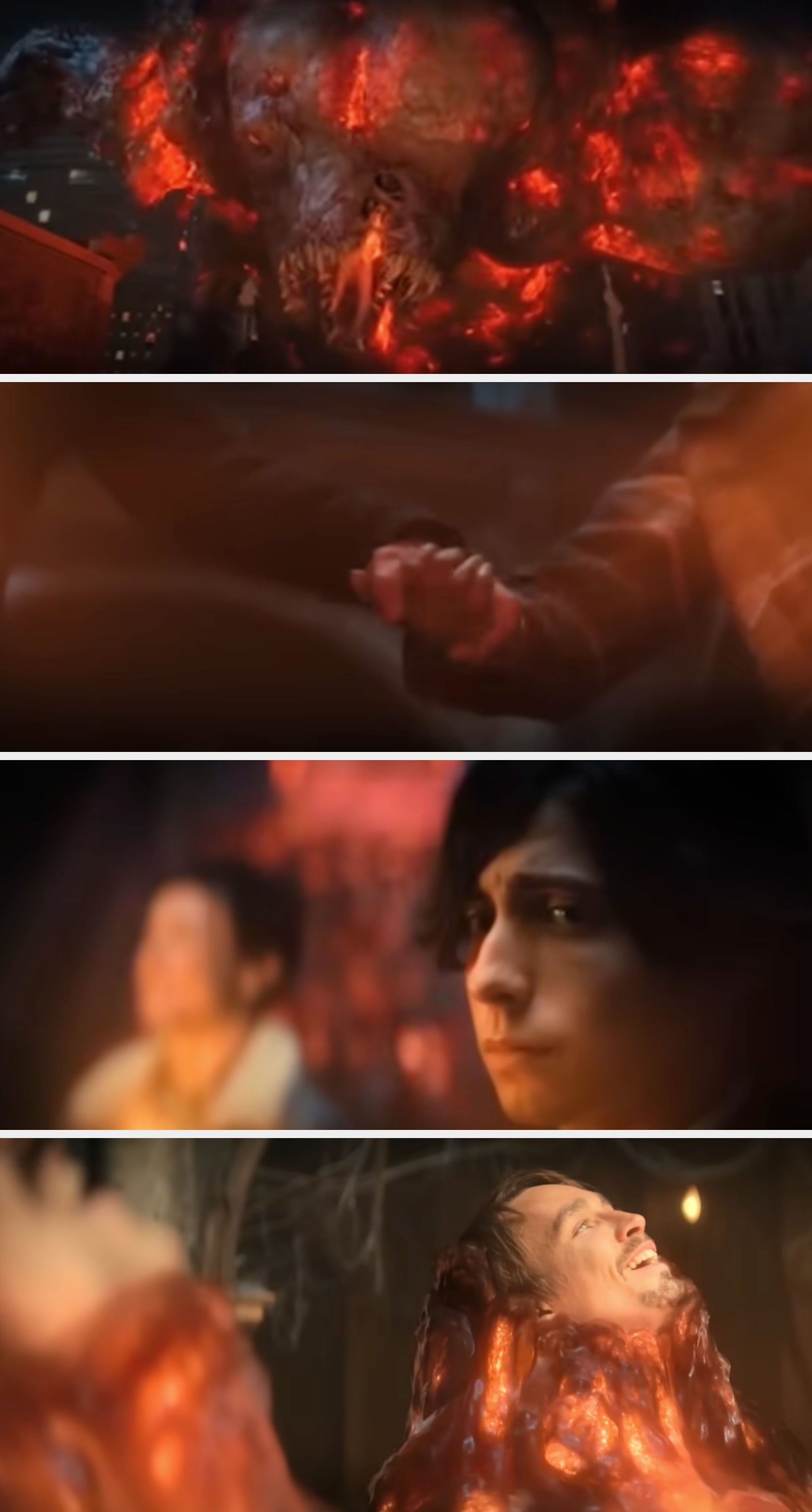 Images from a scene in The Umbrella Academy showing a large fiery monster enveloping the characters as they hold hands