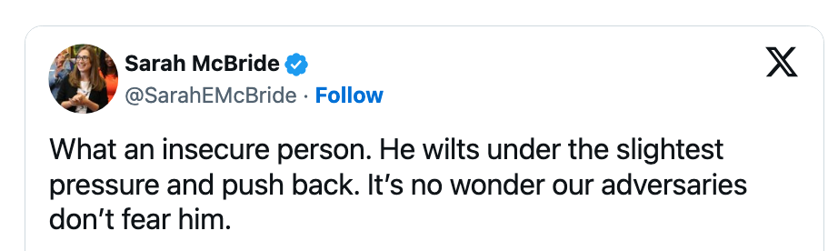 Tweet by Sarah McBride criticizing a idiosyncratic for being insecure and incapable to grip pressure