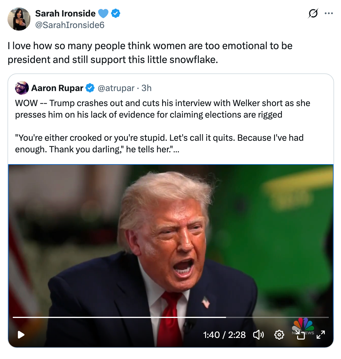 Tweet of a video showing a erstwhile president angrily speaking. Accompanying substance criticizes treble standards regarding sex and affectional reactions