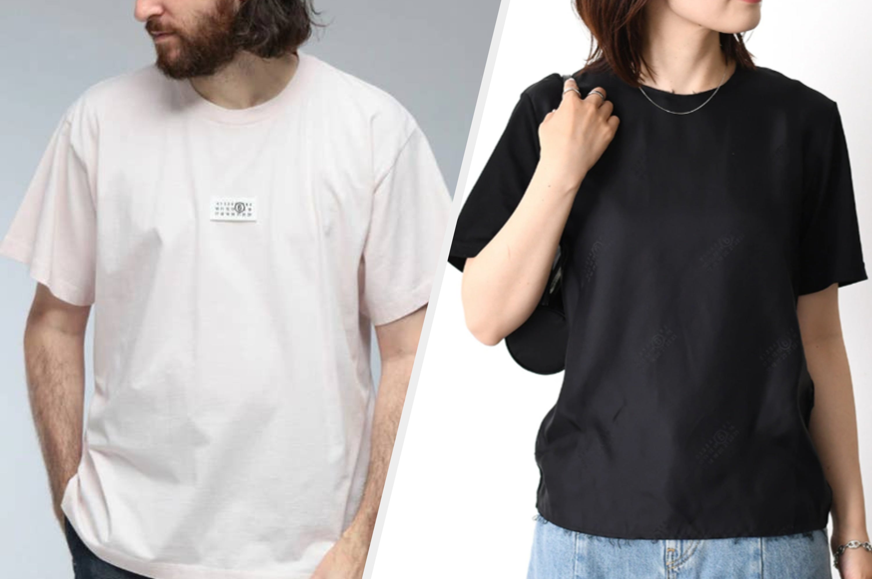 女性が黒いTシャツとデニムを着用して立っている。Tシャツはシンプルでカジュアルなスタイル。