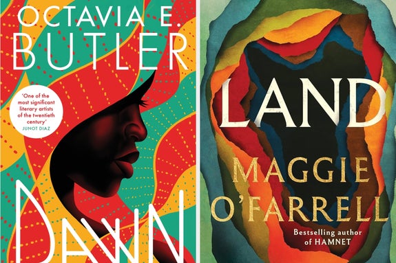 Two book covers: "Dawn" by Octavia E. Butler featuring an abstract face, and "The Land" by Maggie O'Farrell with layered paper art