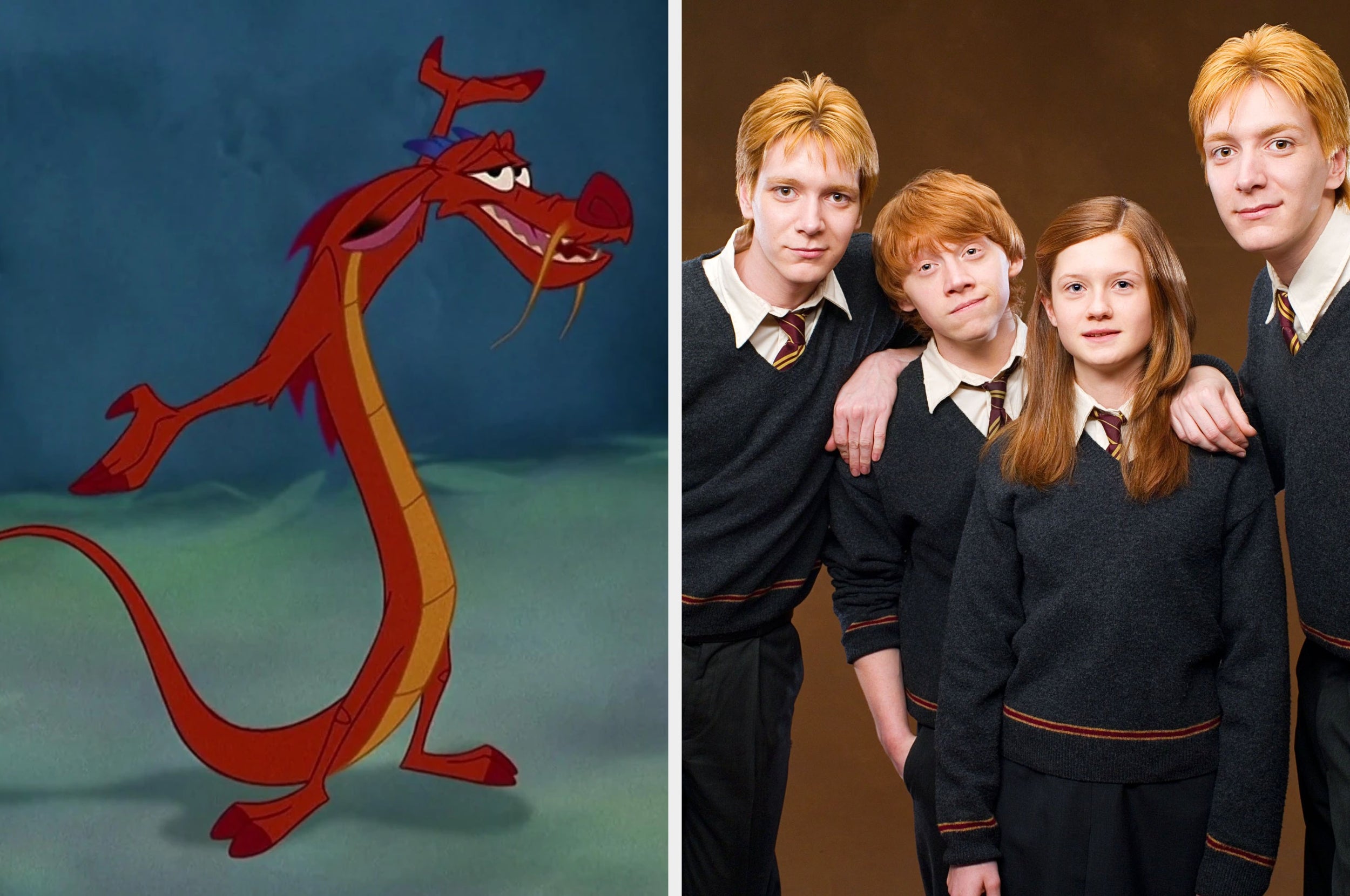Left: Animated dragon character with long body and horns. Right: Four actors in school uniforms from a fantasy series, standing together