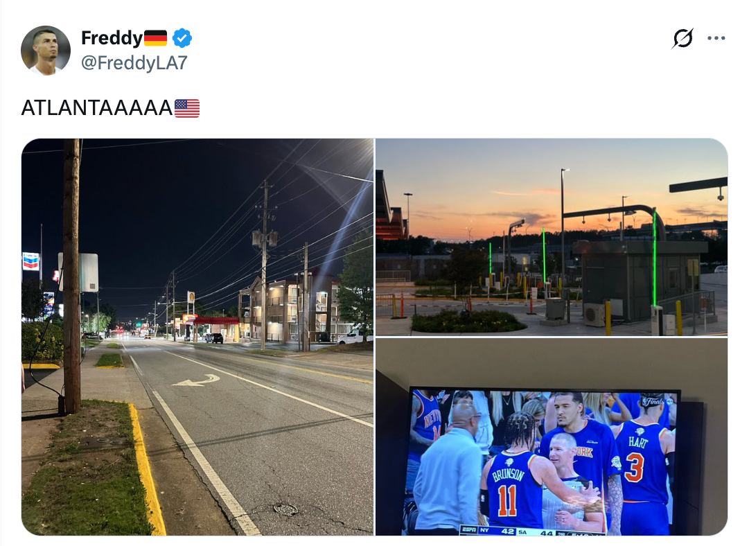 Night thoroughfare view, state presumption astatine dusk, and a hoops crippled connected TV with players celebrating. Text reads "Atlantaaaaa" with a emblem emoji