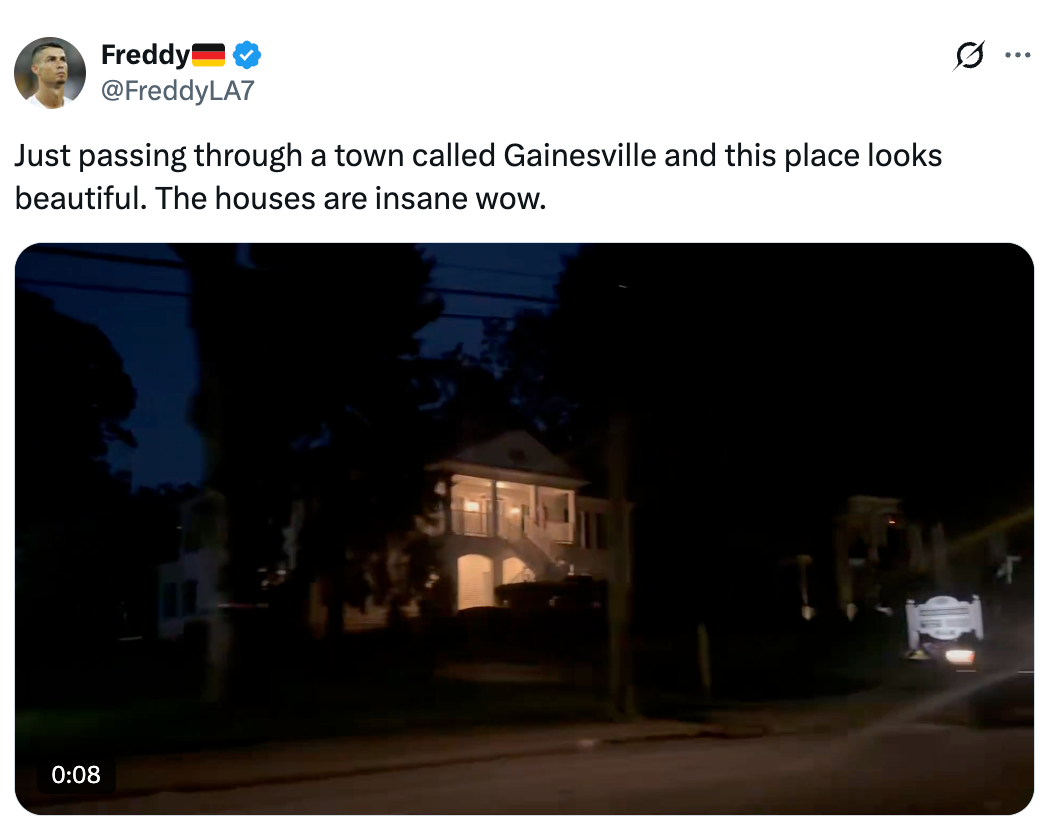 Tweet with a nighttime country showing a lit-up location and trees, captioned astir the quality of Gainesville houses