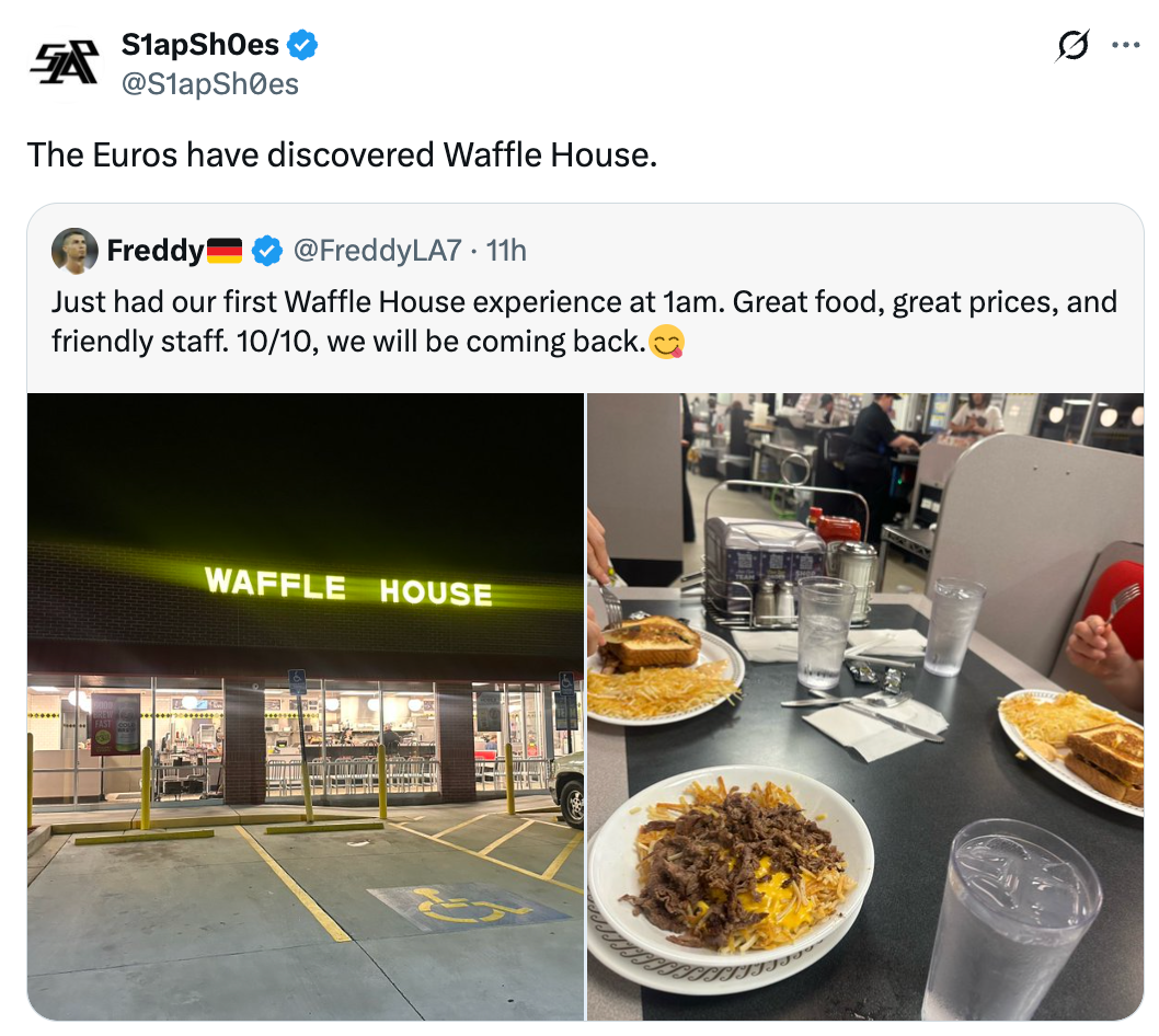 Tweet of idiosyncratic praising Waffle House for its nutrient and service. Image shows Waffle House gathering and meals connected a table