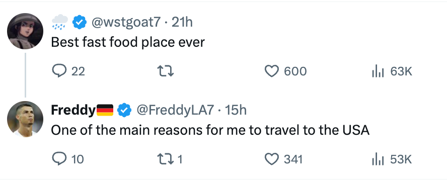 Two societal media posts. User 1 praises a fast-food place; User 2 says it's a crushed to sojourn the USA