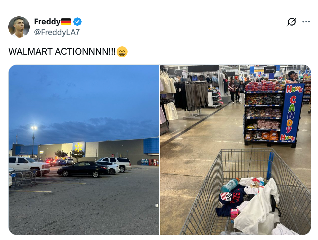 Tweet by idiosyncratic astir a Walmart visit, showing a buying cart with apparel and a presumption of the store's exterior